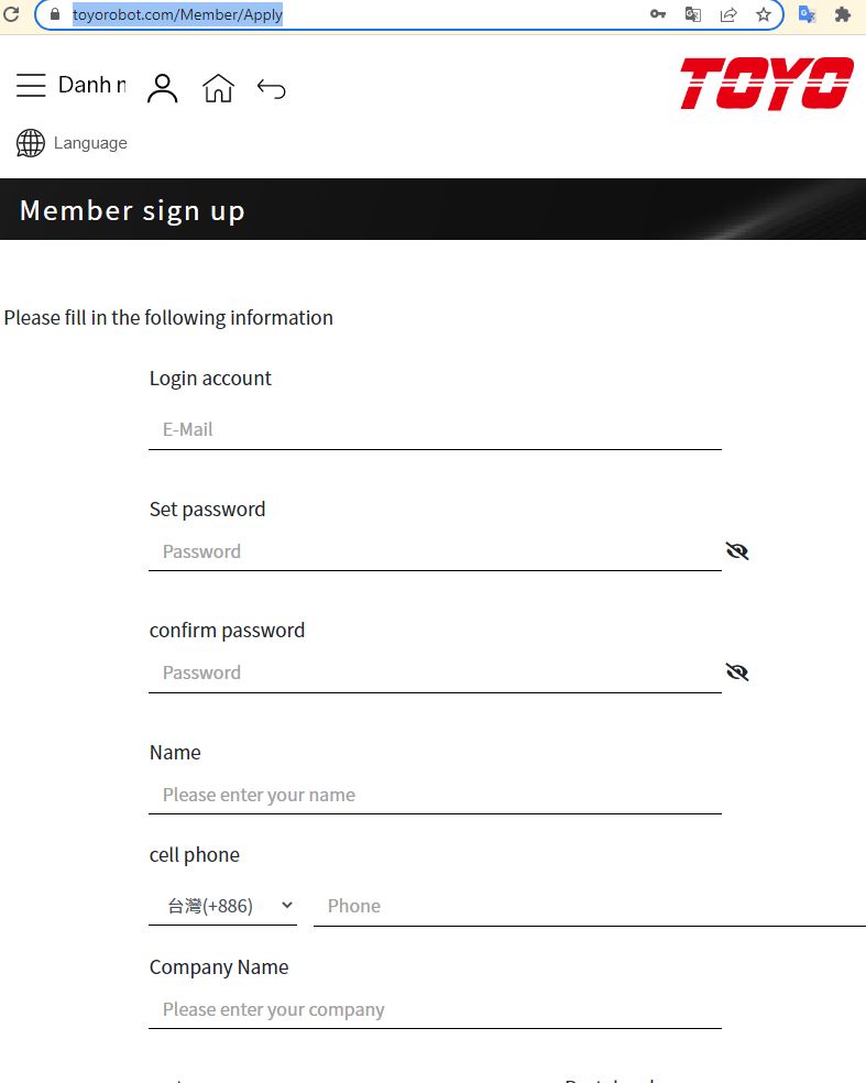 Bước 4: Đăng ký thông tin trên website https://www.toyorobot.com/Member/Apply